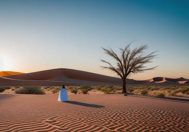 Desert landscape with a figure in prayer
