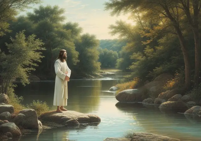 Cena pacífica de um rio com uma figura em pé na água, simbolizando o batismo de Jesus